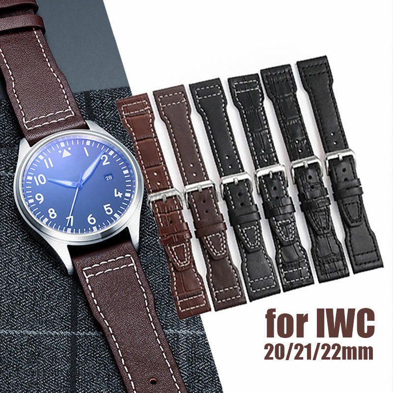 สายนาฬิกาหนังแท้ 20 มม.21 มม.22 มม.สร้อยข้อมือหนังวัวสําหรับ IWC Pilot Portugieser Portofino สายนาฬิกาสีน้ําตาลสีดํานาฬิกาอุปกรณ์เสริม