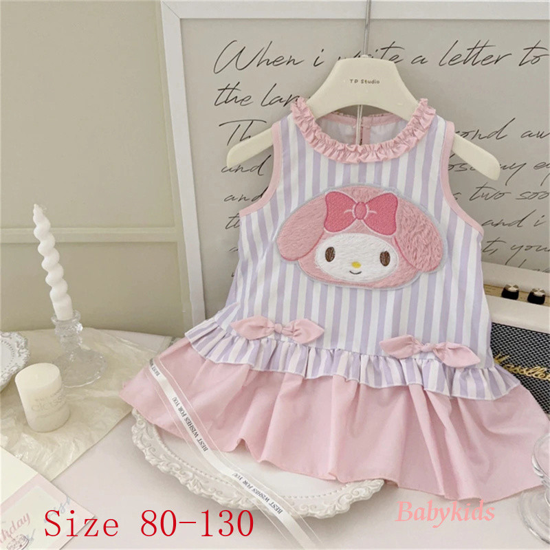 【Babykids】ชุดเดรสลายทางสีชมพูเมโลดี้สำหรับเด็กผู้หญิง ชุดเดรสเจ้าหญิงการ์ตูนแสนหวานสำหรับเด็ก
