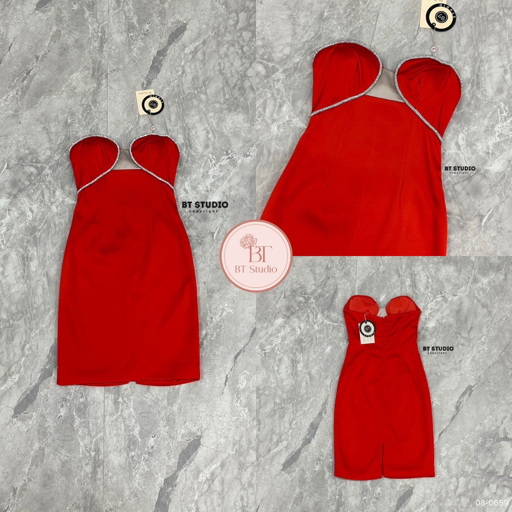 Hiso.closet (พร้อมส่ง) BT56-0659 เดรสสั้นเกาะอกช่วงอกแต่งล้อมด้วยเพชรเรียงแถวทั้งสองข้าง