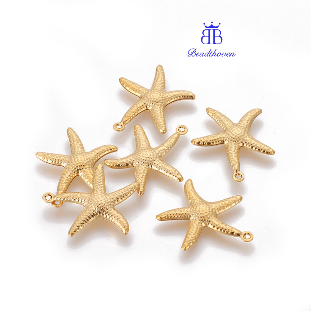 1-20 ชิ้น 304 จี้สแตนเลสปลาดาว/Sea Stars ชุบทอง 22.2x20.6x2.5 มม. รู: 0.8 มม.