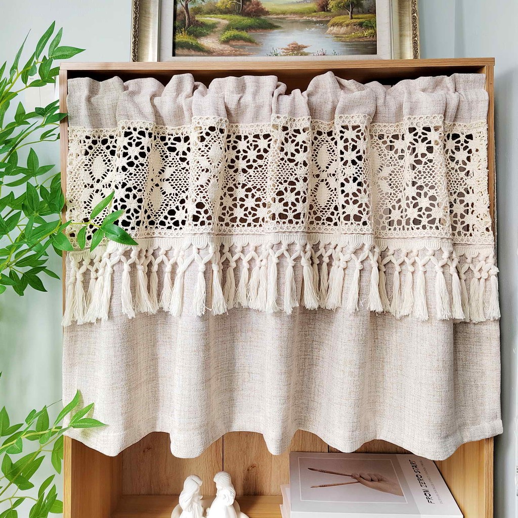 โครเชต์ Splicing Sheer Valance Semi Cafe/ห้องครัวหน้าต่าง Topper Rustic ผ้าม่านสั้นชั้น Tassles สําหรับขนาดเล็ก Windows Rod กระเป๋า 1 แผง