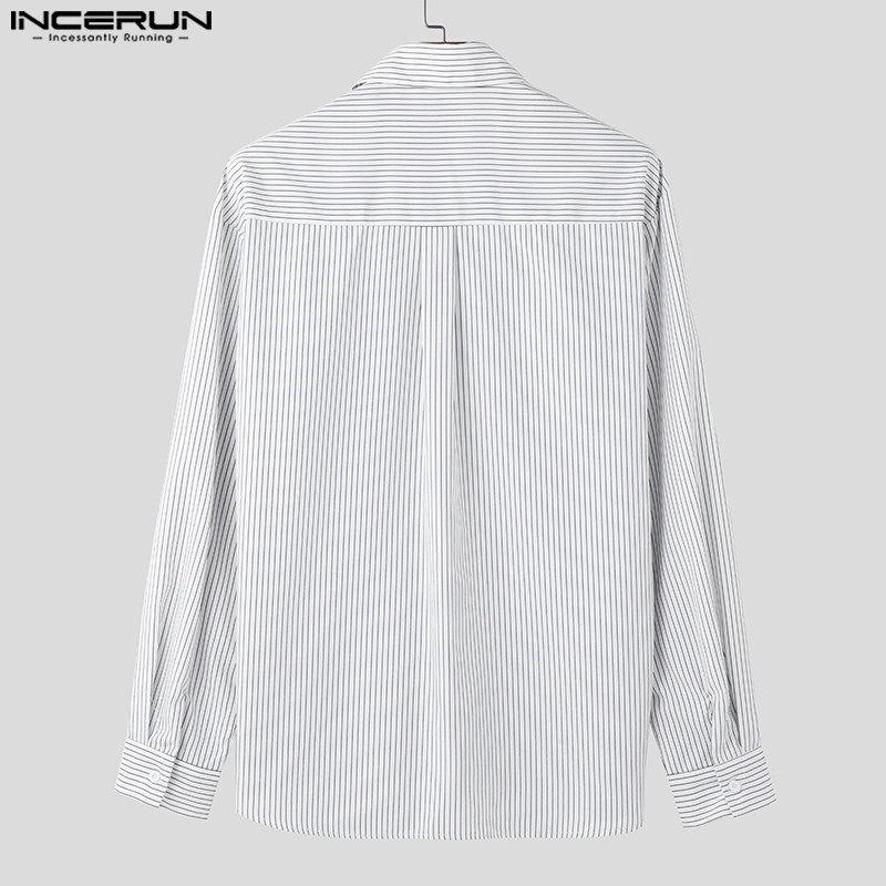 Incerun ผู้ชายเกาหลี Commute Casual Turn-Down-Collar เสื้อแขนยาวลายทาง ราคา ถูกที่สุด ดีลบีเคเค แกลเลอรีภาพที่ 8