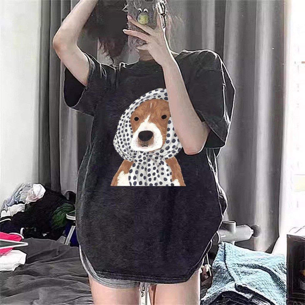 Top.basic🔥สไตล์เกาหลี เสื้อยืดผู้หญิง“Hooded dog”พิมพ์ลายผ้าไหมนมโคตรนุ่มเสื้อชมพูOVERSIZEเสื้อสาวอวบส่งจากไทย