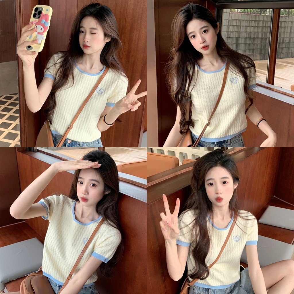 🍊Evelyn​🍊​เสื้อยืดไหมพรม แขนสั้น น่ารัก ดีเทลปักหัวใจที่หน้าอก เสื้อผ้าแฟชั่นผู้หญิง สไตล์เกาหลี ผ้านิ่ม ใส่สบาย