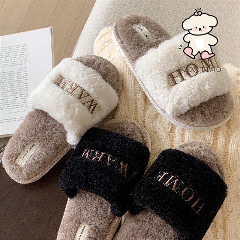 Xixtiao รองเท้าแตะผู้หญิงในร่มกลางแจ้งสวมใส่ Plush Keep Warm One-word Creative เย็บปักถักร้อย Soft Sole
