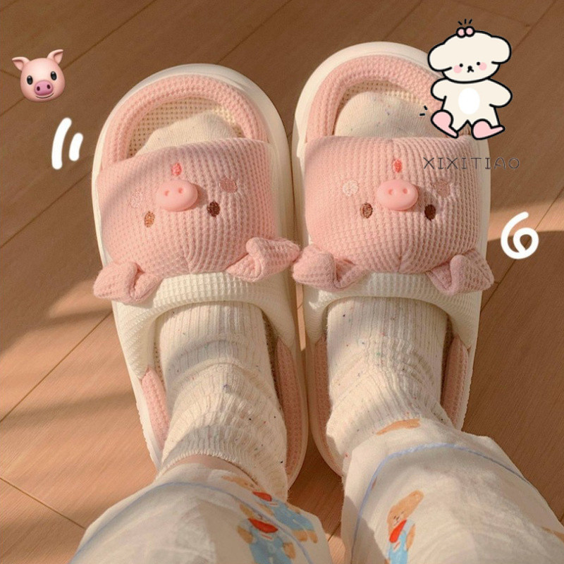 Xixitiao Four Seasons Universal Soft หนา-Soled รองเท้าแตะผ้าลินินน่ารัก Piggy Home รองเท้าแตะ