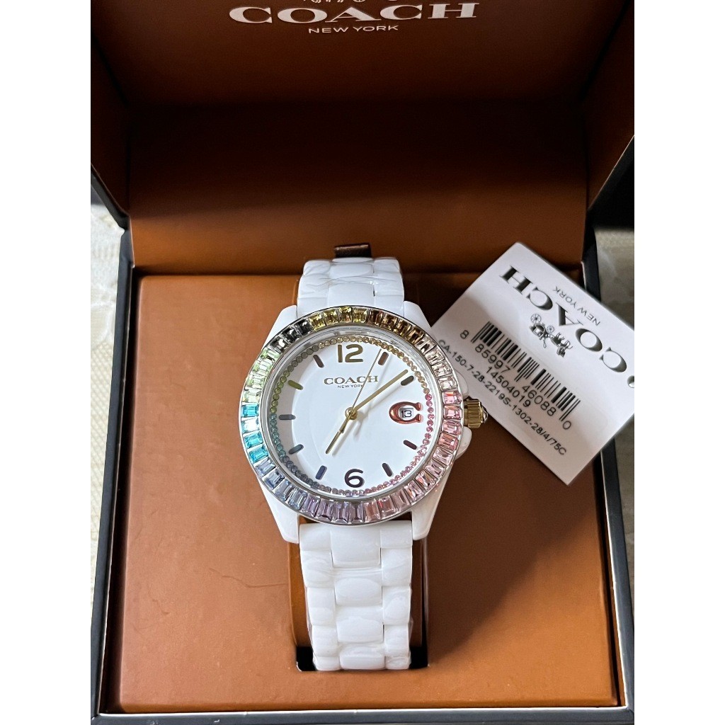 COACH Greyson Rainbow Crystal Accents and White Ceramic Bracelet Watch 36mm - 14504019 14504018 1450