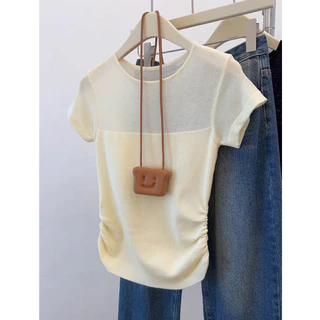 ฤดูร้อนสีทึบรอบคอบางผู้หญิงถักแขนสั้นเสื้อยืด 250308