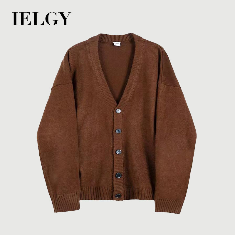 IELGY ผู้ชายสไตล์เกาหลีหลวม โวลต์ คอหล่อกระดุมแถวเดียวสีทึบฤดูใบไม้ร่วงคาร์ดิแกนเสื้อกันหนาวแจ็คเก็ต