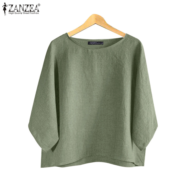 Zanzea เสื้อเชิ้ตสีทึบลําลอง 3/4 แขนค้างคาวปีกสีดิน