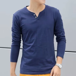Muse Harbor เสื้อยืดแขนยาวผู้ชายลําลองสีทึบคอวีด้านบน