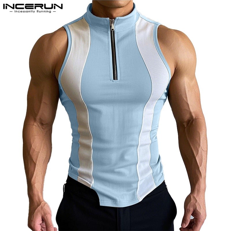 Incerun Men Vintage Sport Casual Stand Neck Contrast Splicing Zipper Design Tanks