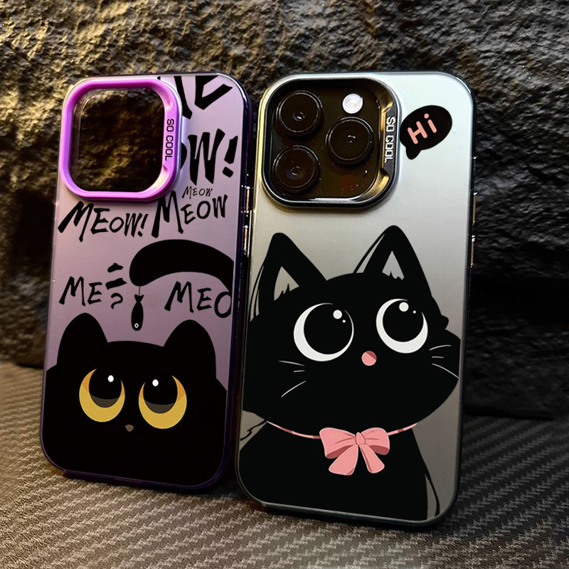 ปลอกสําหรับiphone 16 15 14 13 12 11 Pro Max 16eสําหรับiPhone XS Max X XR 8 7 Plus SE2020 2022 น่ารักการ์ตูนแมวดําเงินIMDโลหะปกแข็งกันกระแทก