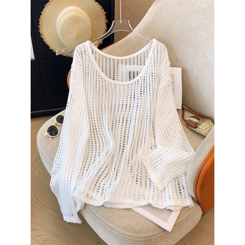เสื้อสเวตเตอร์ผ้าขนสัตว์กลวงสำหรับผู้หญิงในฤดูร้อนใหม่ขี้เกียจเนื้อครีมกันแดดที่ปกคลุมไปด้วยเนื้อหนัง