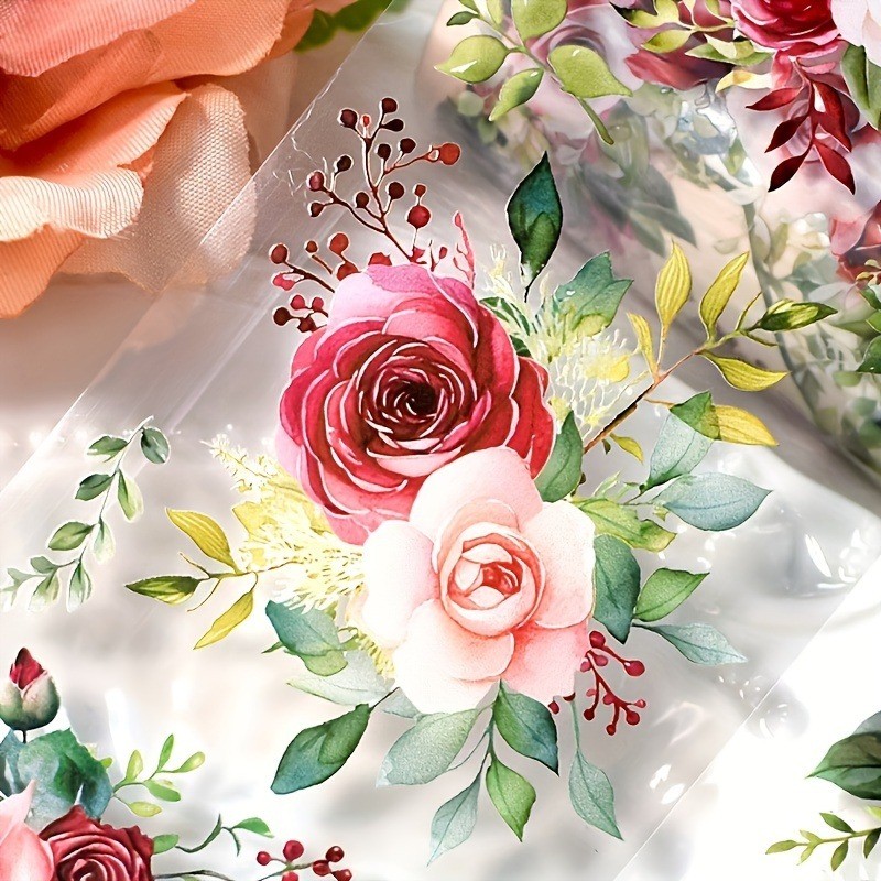 2 M/ม้วนสีแดง Rose ดอกไม้ PET สติกเกอร์ตกแต่ง Vintage Rose โปร่งใส Washi เทปสําหรับ Scrapbooking Planner Journal DIY การ์ดทําวัสดุ
