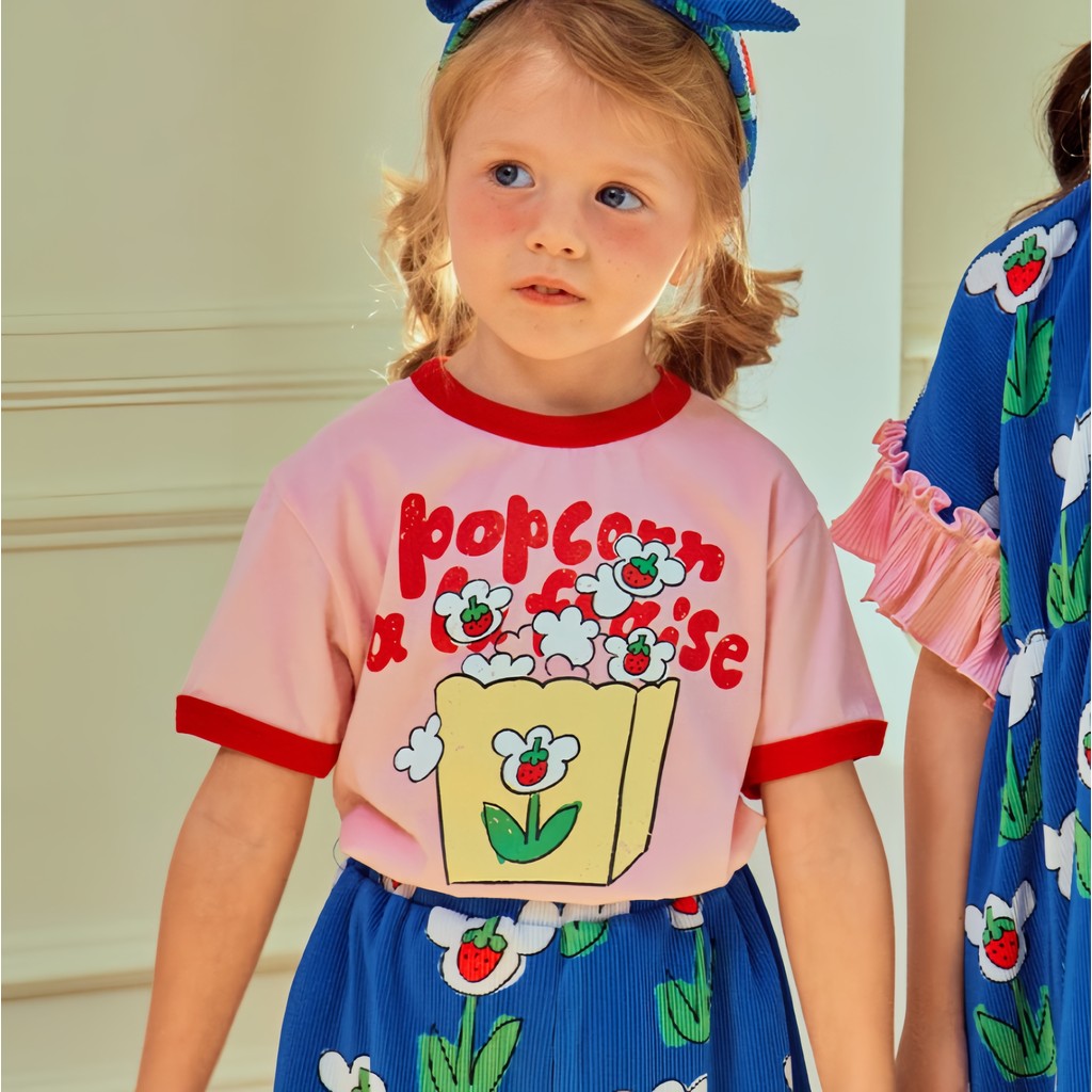 ทีเชิ้ตฤดูร้อนสำหรับเด็ก เด็กชายและเด็กหญิง ผ้าฝ้าย สีชมพู สตรอเบอร์รี่ แขนสั้น นุ่มและเป็นมิตรกับผิว