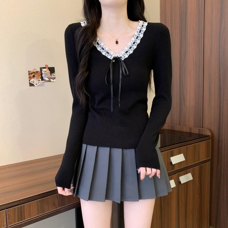 👚Anna👚เสื้อถักคอวีแขนยาว ผ้าถักพร้อมรายละเอียดแบบผูกเชือก ขอบลูกไม้บาง,บาง สวมใส่สบาย ดีไซน์สวยงาม D412
