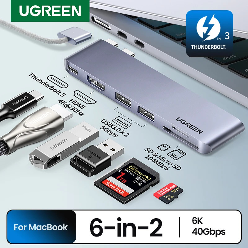 Ugreen USB C Hub 4K HDMI Type-C ถึง Thunderbolt 3 SD และ TF อะแดปเตอร์สําหรับ MacBook Pro Air USB-C Splitter