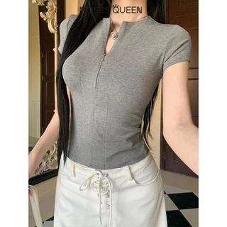< MOSESQUEEN > ฤดูร้อนใหม่ Slim ที่มองไม่เห็นซิปออกแบบสีทึบ Joker ผ้าฝ้ายแขนสั้นเสื้อยืดเสื้อ #62880