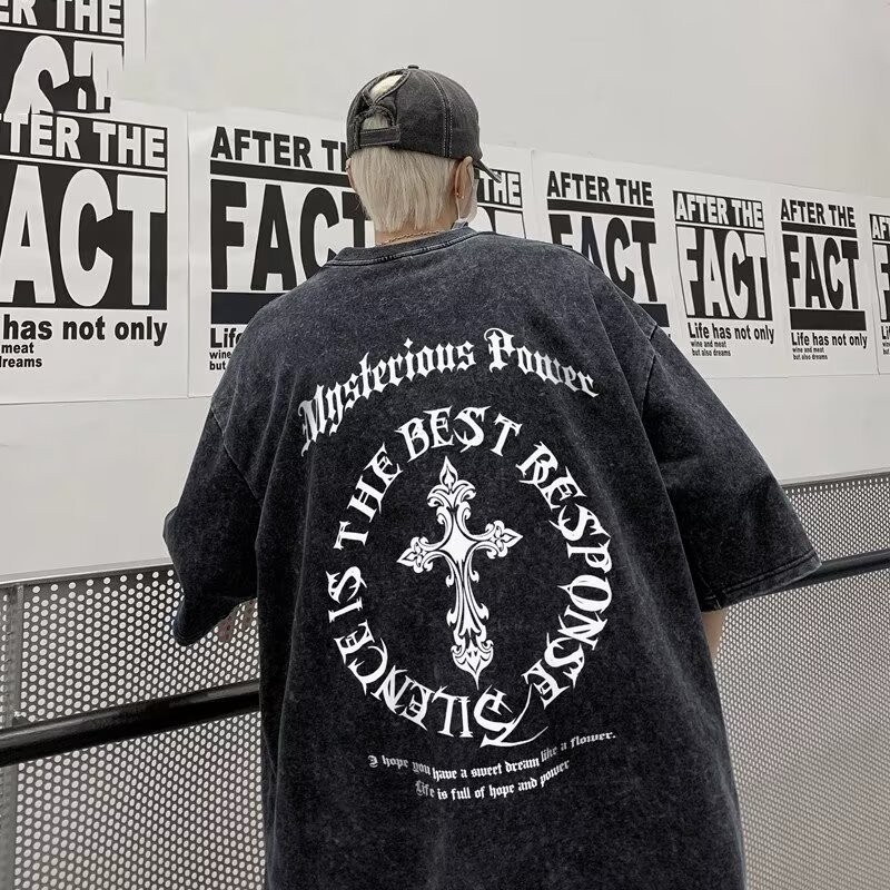American Street Cross เสื้อยืดแขนสั้นผู้ชายฤดูร้อน Heavy Wash หลวมเสื้อยืดครึ่งแขนรอบคอ Bottoming เสื้ออินเทรนด์