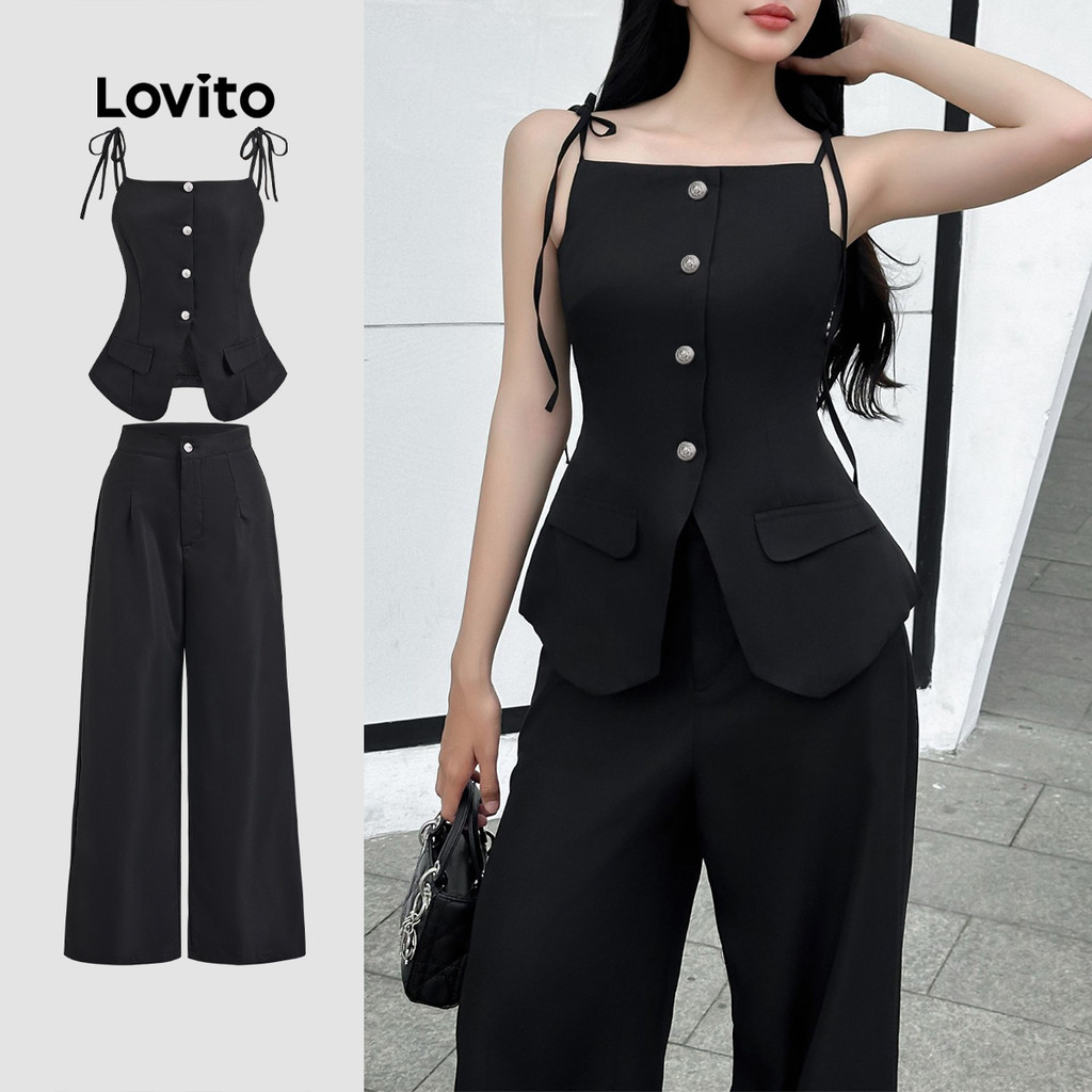 Lovito เสื้อลําลองหรือเสื้อท่อนล่างลูกไม้ขึ้นปุ่มด้านหน้าฤดูร้อน/ฤดูใบไม้ผลิท็อปส์หรือกางเกงสําหรับผู้หญิง L124AD350