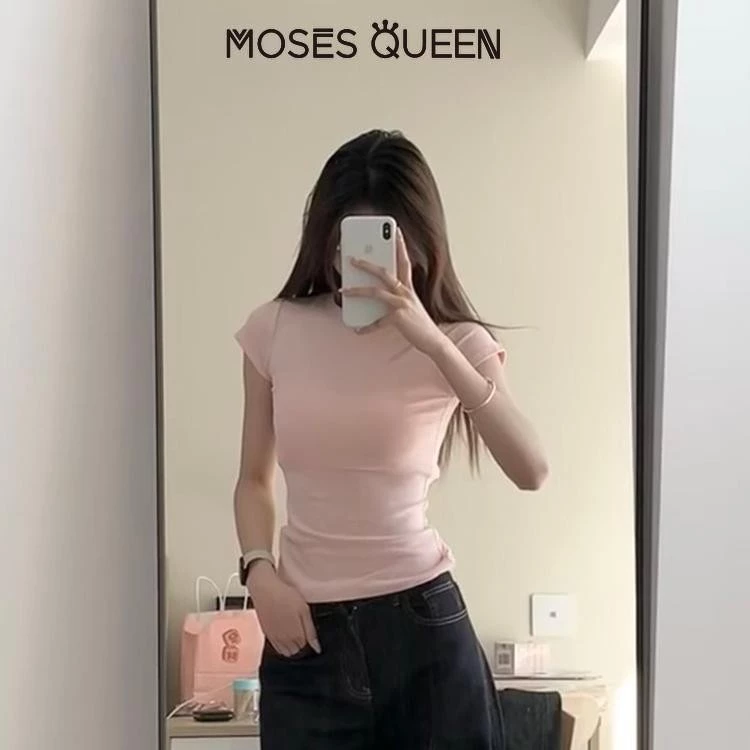 < MOSESQUEEN > เสื้อยืดไหล่ยืดหยุ่นสําหรับผู้หญิงในช่วงฤดูร้อนสลิมฟิตเอวหยิกแขนสั้นรอบคอด้านบนเสื้อผ้าสาวเลดี้ #62126