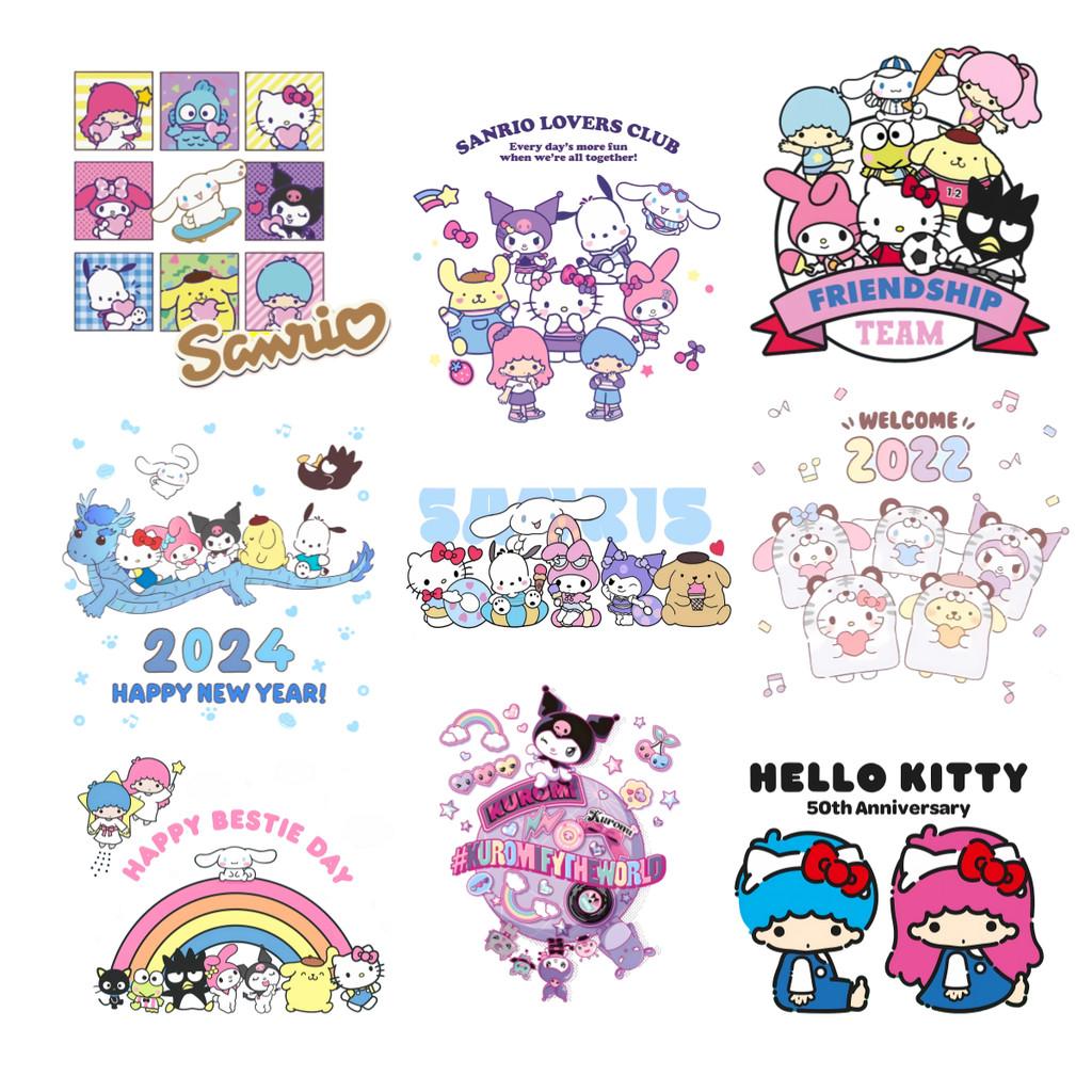 Sanrio series เสื้อผ้าพิมพ์ลายรูฉีกขาด HELLO KITTY เสื้อยืดแพทช์ เสื้อกีฬา พิมพ์การถ่ายเทความร้อนการ์ตูน Kuromi ตกแต่งน่ารัก Pom Pom Purin