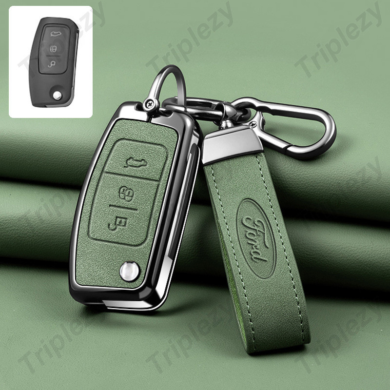 สังกะสีอัลลอยด์รถ Flip Key Case ฝาครอบพวงกุญแจ Nubuck หนัง PU ปุ่มสําหรับ Ford Territory Fiesta Focus 2 Ecosport Kuga Escape Falcon B-Max C-Max Eco Sport Galaxy