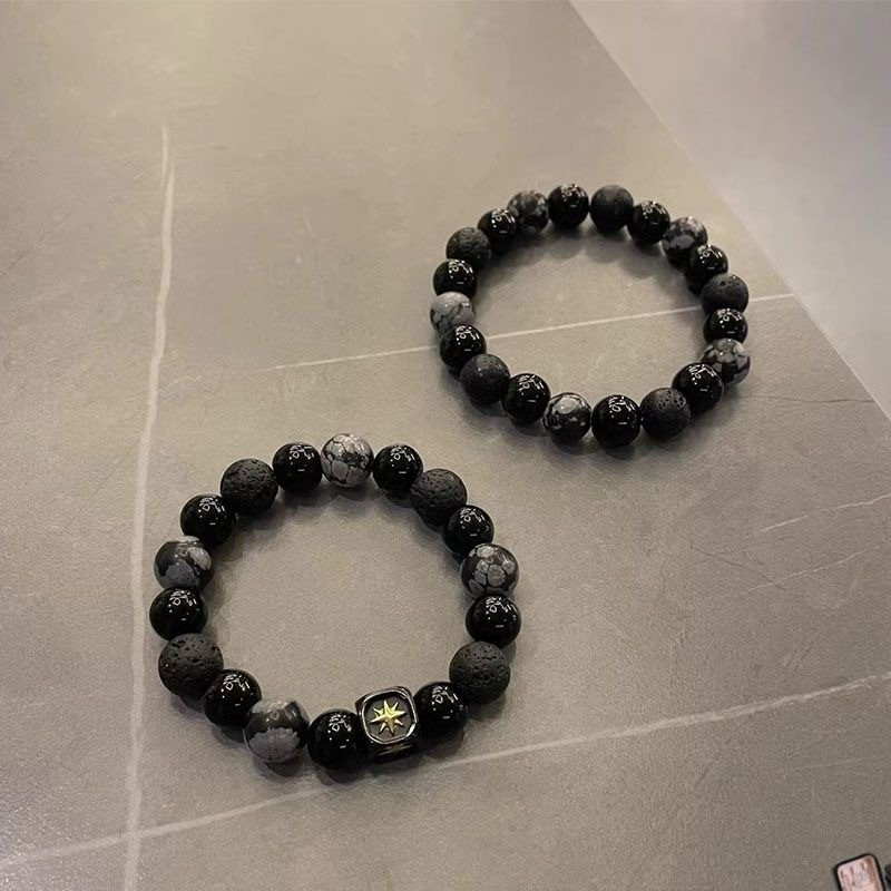 ชิฮวา✨ลูกปัดสีดํา สร้อยข้อมือคู่ลูกปัดกลมเรียบง่าย เครื่องประดับสันติภาพ