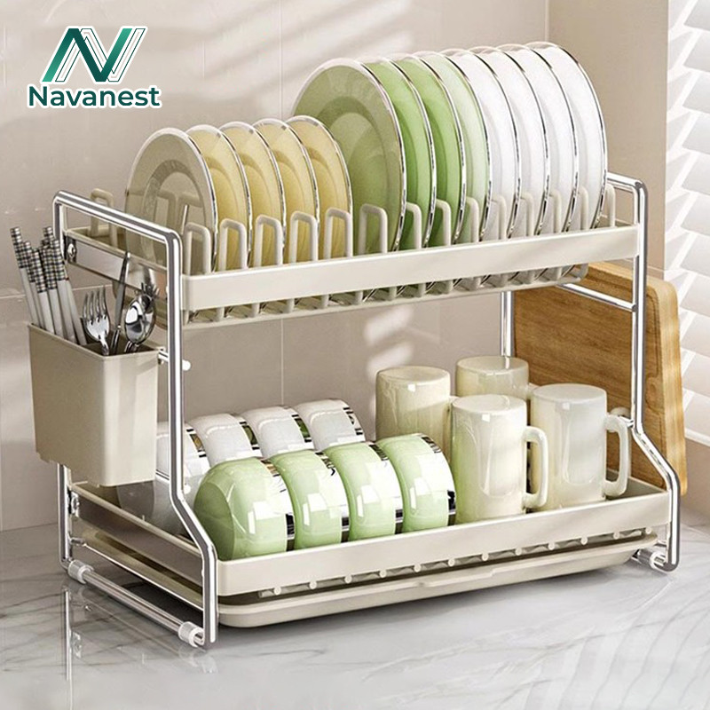 Navanest 2ชั้น / 3ชั้น  ชั้นวางของในครัวมัลติฟังก์ชั่นชั้นวางจานสแตนเลสพร้อมถาดระบายน้ํา