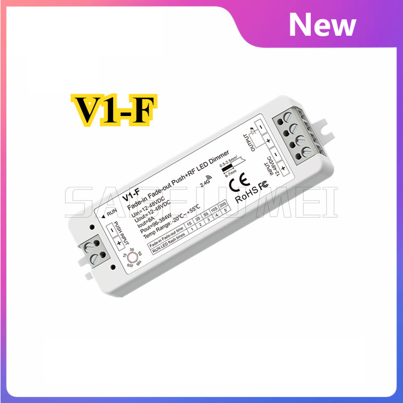 V1-f RF 1CH*8A 5Fading Speed/Step-less Dimming สําหรับสี LED StripLight 12-48VDC CV Fade-in Fade-out LED Dimmer (Push Dim)