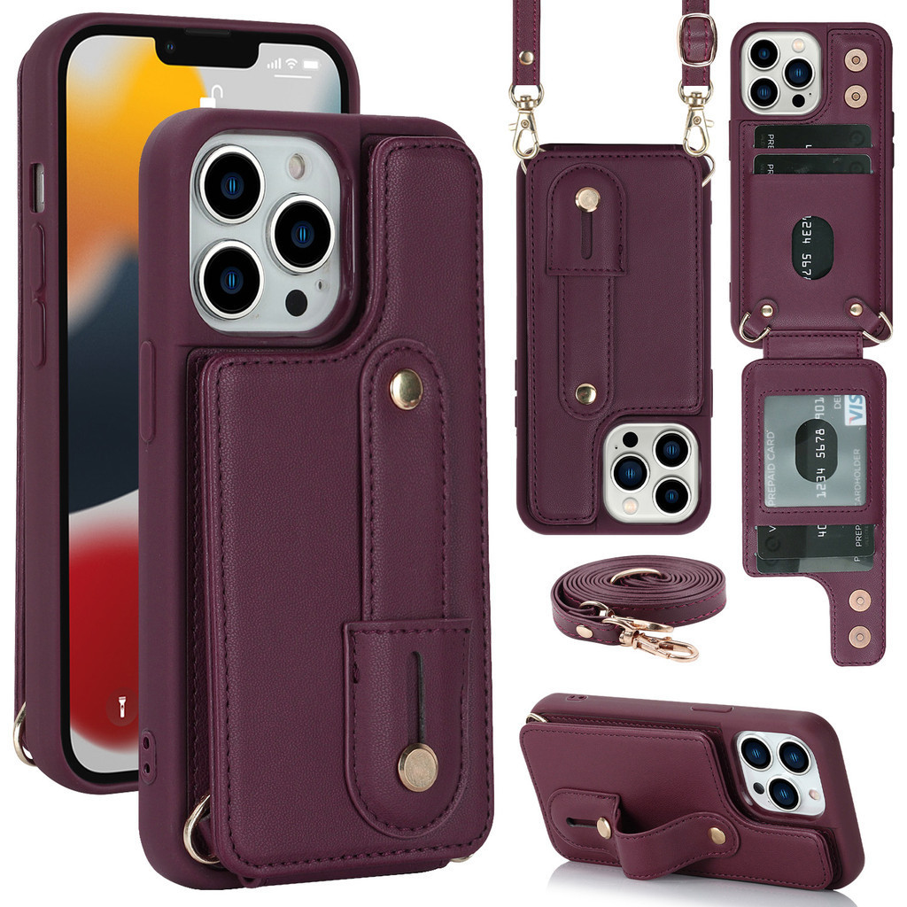 เคสไอโฟน Case for iPhone 6 6s 7 8 Plus SE 2020 2022 SE2 SE3 X XR XS 11 12 13 14 15 Pro Max เคสโทรศัพท์มือถือหนัง PU TPU นิ่ม พร้อมช่องใส่บัตร และสายคล้องไหล่ หรูหรา สําหรับ Leather Flip Cover With Crossbody Necklace Shoulder Strap Lanyard Belt ซองมือถือ