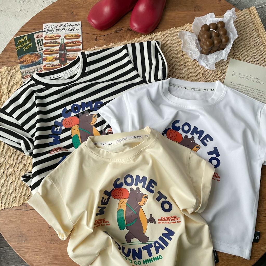 【เสื้อยืดเด็ก】เสื้อยืดคอกลม แขนสั้น ผ้าฝ้าย 100% พิมพ์ลายหมี สําหรับตั้งแคมป์ (10-45 กก.)