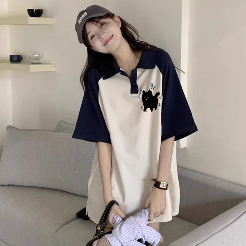 เสื้อโปโลแขนสั้น ผ้าฝ้าย 100% พิมพ์ลายการ์ตูน ทรงหลวม สไตล์เกาหลี สําหรับผู้ชาย และผู้หญิง