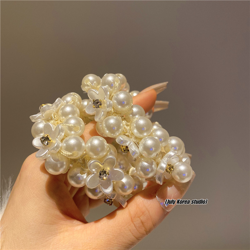 ยางรัดผมหางม้า ประดับคริสตัล ไข่มุก ลายดอกไม้ แบบเรียบง่าย สไตล์เกาหลี เครื่องประดับ สําหรับผู้หญิง