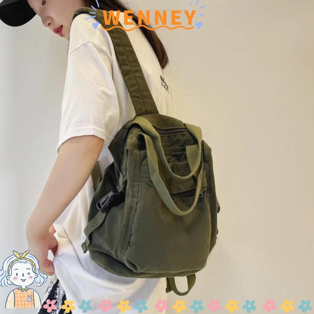 Wenney กระเป๋าเป้สะพายหลัง กระเป๋านักเรียน ผ้าแคนวาส ความจุสูง ที่ทนต่อการสึกหรอ สีพื้น สําหรับผู้หญิง วัยรุ่น