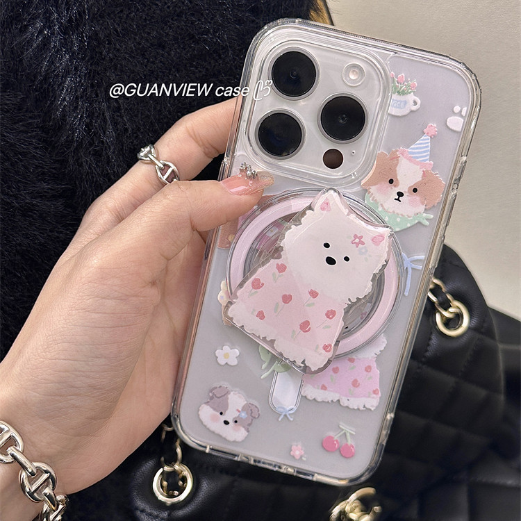 Huiwanju น่ารักบดเชอร์รี่สุนัขซ่อมวงเล็บแม่เหล็กเหมาะสําหรับ iphone 15 ProMax fpr iphone 14 เคสโทรศัพท์ 13 โปร่งใส 12 แพ็คเกจเต็มนุ่ม 11 หญิง Anti Drop Case