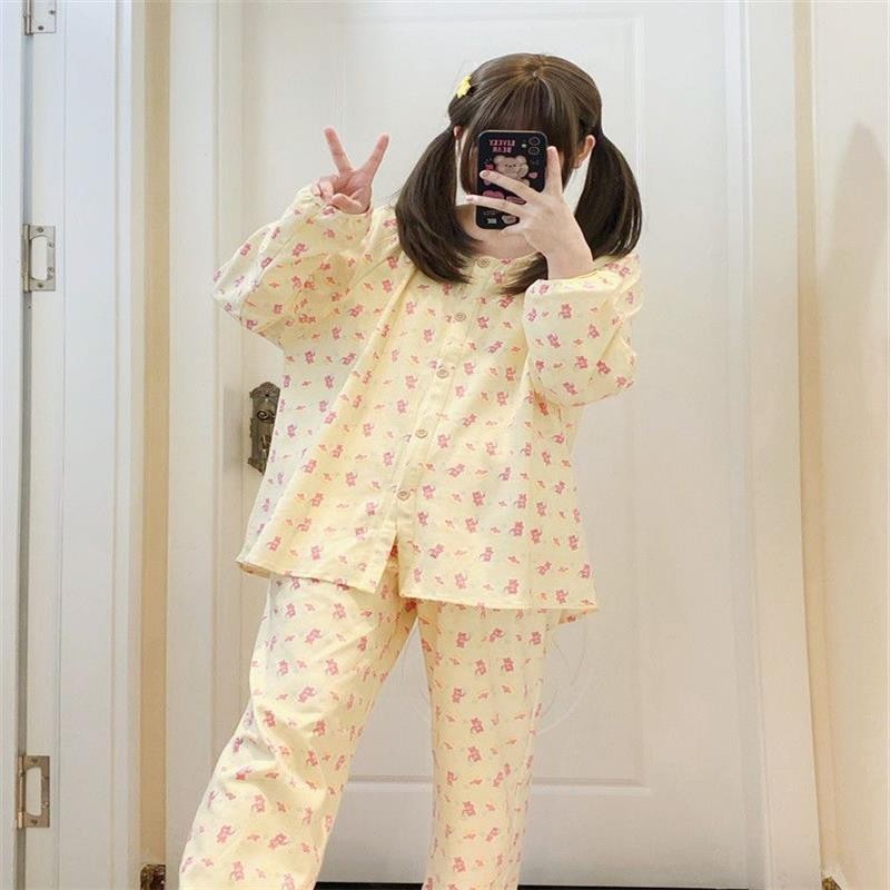 High-end Ice Silk ญี่ปุ่น Gummy Bear ชุดนอนคอกลมผู้หญิงกางเกงขายาวหลวม Homewear ชุด (คลังสินค้าพร้อม