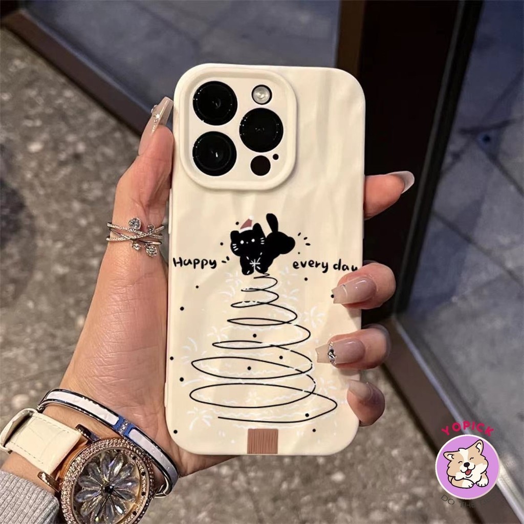 เคสโทรศัพท์มือถือนิ่ม ลายลูกแมว ต้นคริสต์มาส สีดํา สําหรับ iPhone 12promax 12Pro 14p 15P 11 12 13promax xs xr 7p 8plus