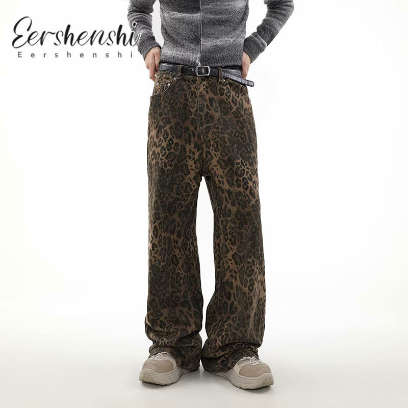 EERSHENSHI กางเกงยีนขาตรง พิมพ์ลายเสือดาว สไตล์เรโทร อเมริกัน