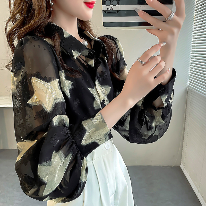ใหม่ เสื้อเชิ้ต ผ้าชีฟอง แขนทรงโคมไฟ พิมพ์ลาย ทรงหลวม พลัสไซซ์