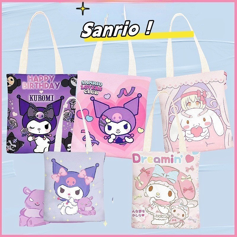 Sanrio Hellokitty กระเป ๋ าผ ้ าใบ Kuromi Cinnamoroll My Melody กระเป ๋ าสะพายไหล ่ ผู ้ หญิง Casual ความจุขนาดใหญ ่ ช ้ อปปิ ้ งสาวของขวัญ
