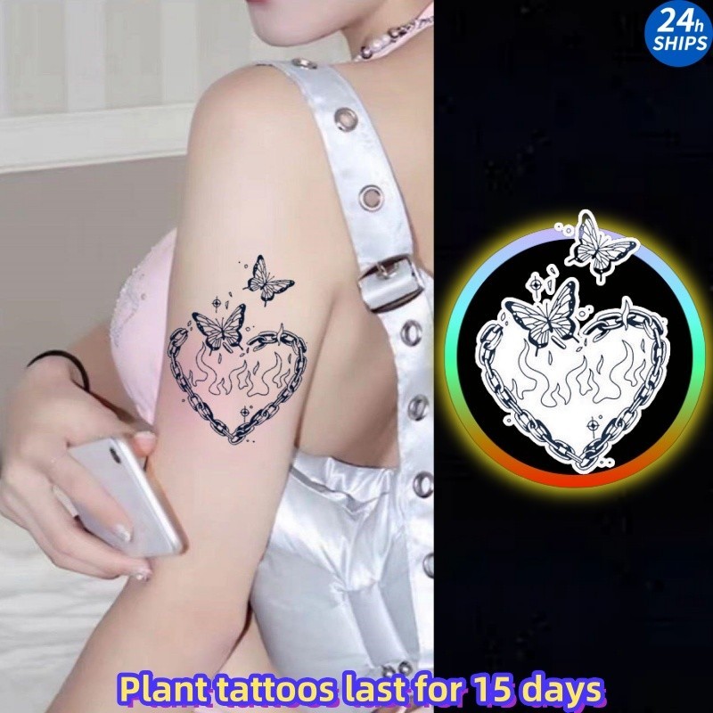 สีดํารักผีเสื ้ อรูปแบบ Tattoo สาวน ่ ารักแขนพืช Tattoo กันน ้ ํา Tattoo สติกเกอร ์ ยาวนาน 15 วันชั ่ วคราว False Tattoo