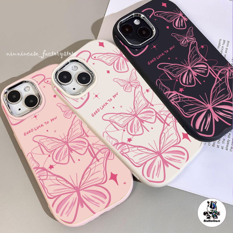 🔥 จัดส่งทันที 🔥 สำหรับ iPhone 13 12 14 11 15 Pro Max XR X XS SE 7 8 Plus กรณีโทรศัพท์มือถือลายผีเสื้อสีชมพูกันกระแทกและ