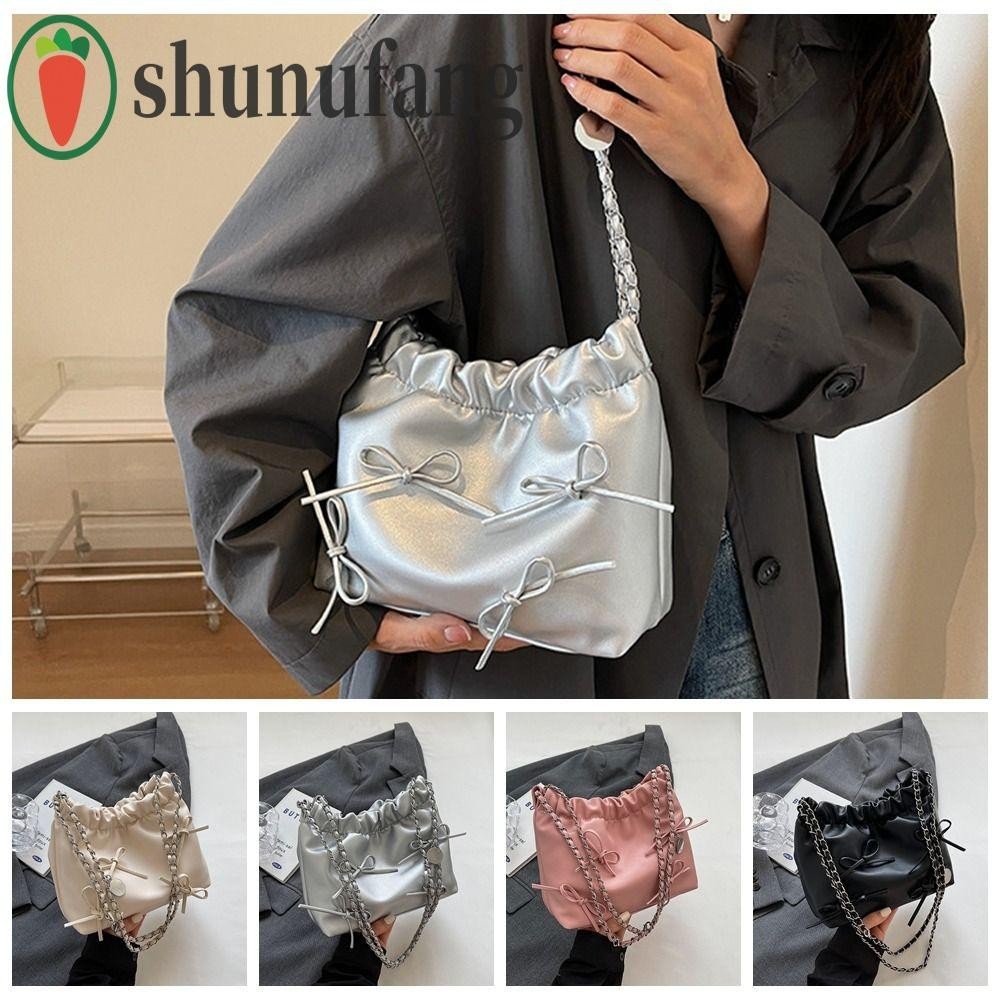 Unuf Bowknot Bucket Bag, PU Leather Large Capacity Bow Tote Bag, Simple Pleated Shoulder Bag Chain Bow Crossbody Bag Party
