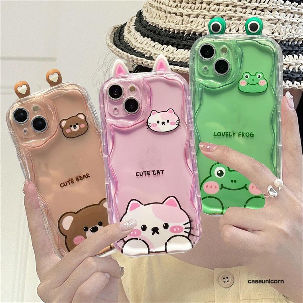 การ์ตูน 3D กบตาหูแมวสําหรับ Xiaomi Mi 11 12 Lite 12T 14 K40 POCO X6 X5 X4 X3 GT Pro F3 M3 M6PRO 5G NFC น่ารักซิลิโคนใสหยักขอบโค้งเคสโทรศัพท์