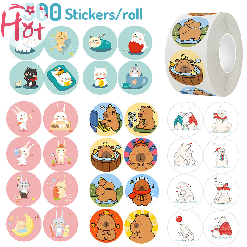 Ge 500 ชิ้น/ม้วนการ์ตูนสัตว์สติกเกอร์ Capibara Kapibala กระต่ายแมวหมีบัญชีมือ Decals ถุงของขวัญปิดผนึกสติกเกอร์เบเกอรี่ป้ายสแควร์