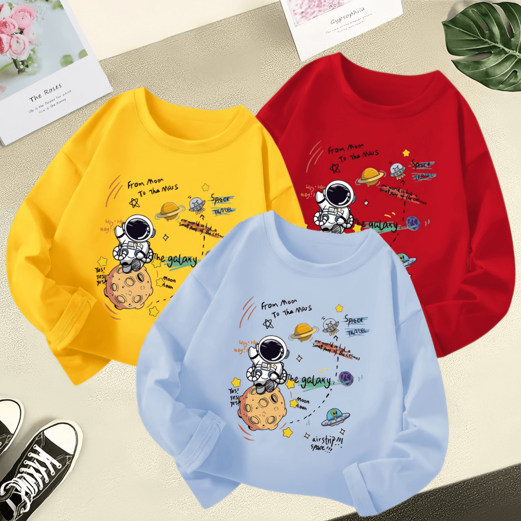 3-12 ปีการ์ตูน Spaceman นักบินอวกาศพิมพ์ชายเสื้อยืดแขนยาว Star Travel การ์ตูนเด็กอเนกประสงค์ Casual Baby Baju-t