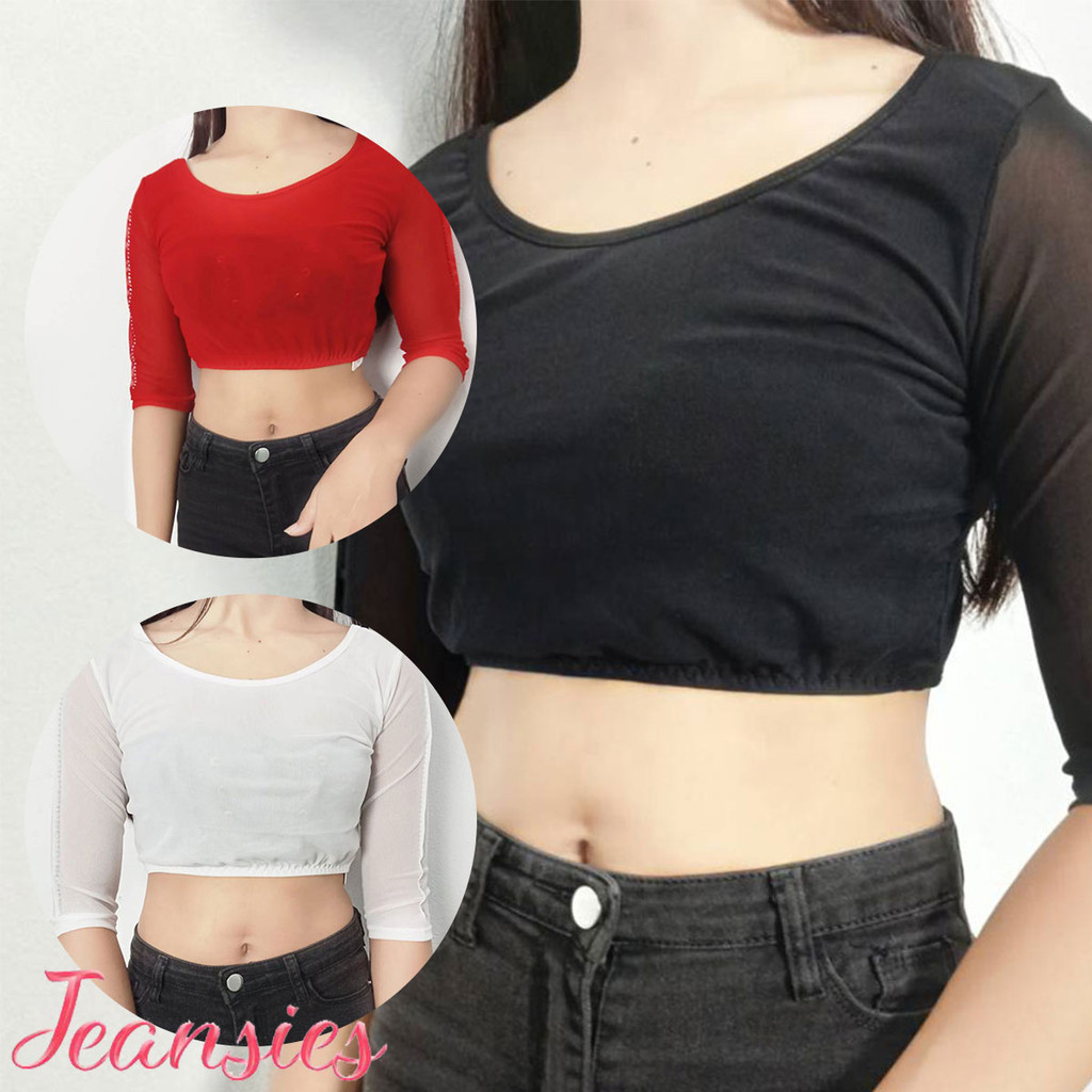 เสื้อครอป ผ้ายืด บางเบา คอกลม ราคาถูก พร้อมส่ง