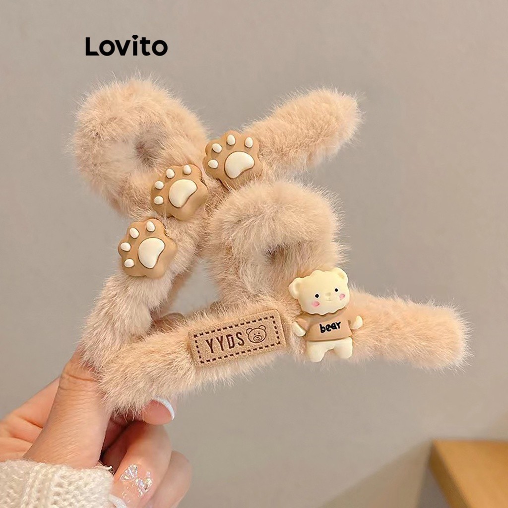 Lovito คลิปหนีบผมผู้หญิง แบบขนนิ่ม ลายหมีน่ารัก LFA04220 (สีกากี)